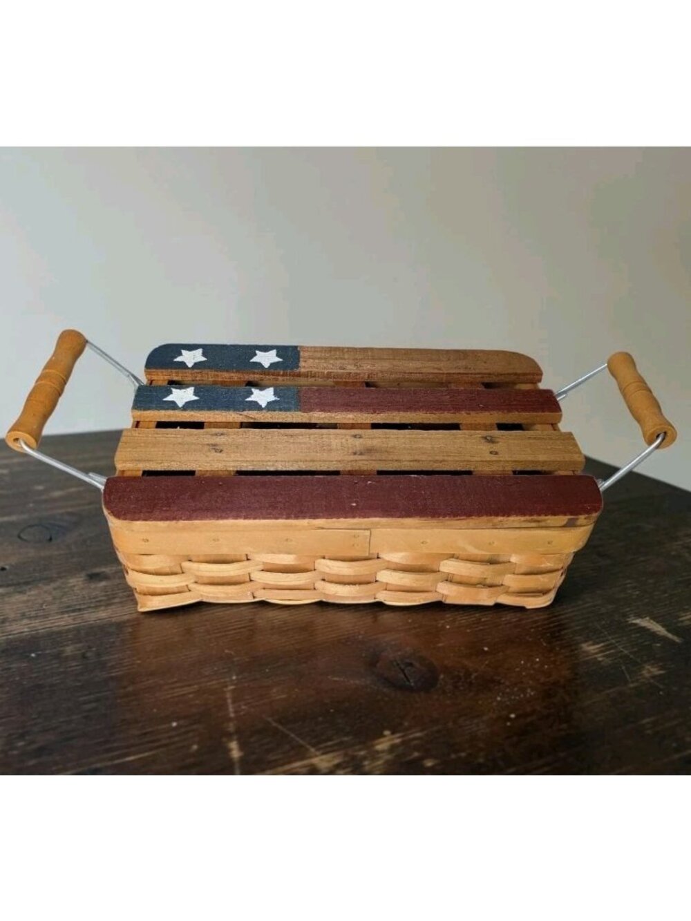 Woven Wooden Flag Lidded Hinged Basket Americana Double Handle Primitive 11"